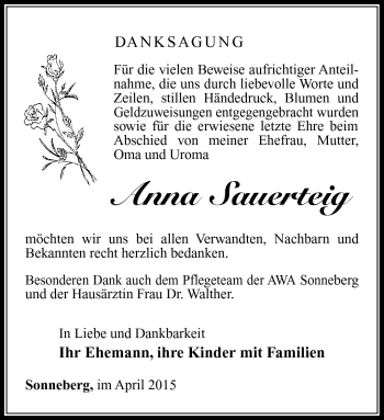 Traueranzeige von Anna Sauerteig von Südthüringer Presse