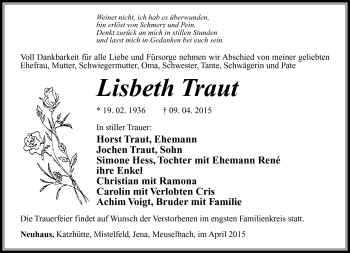 Traueranzeige von Lisbeth Traut von Südthüringer Presse