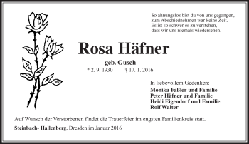 Traueranzeige von Rosa Häfner von Südthüringer Presse