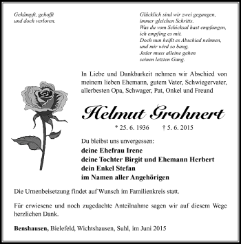 Traueranzeige von Helmut Grohnert von Südthüringer Presse