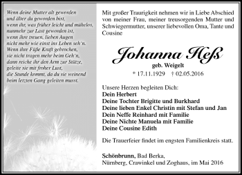 Traueranzeige von Johanna Heß von Südthüringer Presse