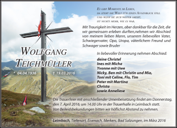 Traueranzeige von Wolfgang Teichmüller von Südthüringer Presse