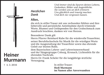 Traueranzeige von Heiner Murmann von Neue Presse Coburg