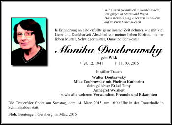 Traueranzeige von Monika Doubrawsky von Südthüringer Presse
