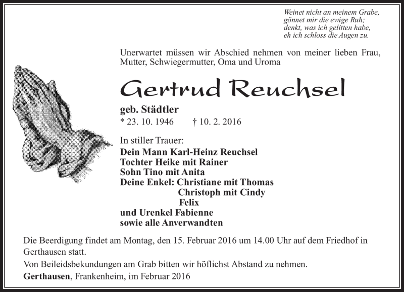  Traueranzeige für Gertrud Reuschel vom 13.02.2016 aus Südthüringer Presse