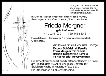 Traueranzeige von Frieda Mergner von Frankenpost