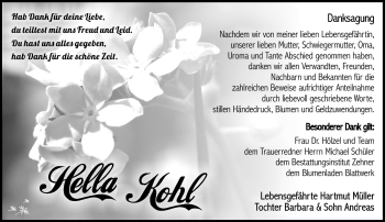Traueranzeige von Hella Kohl von Südthüringer Presse