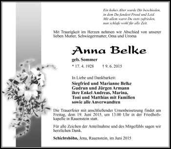 Traueranzeige von Anna Belke von Südthüringer Presse