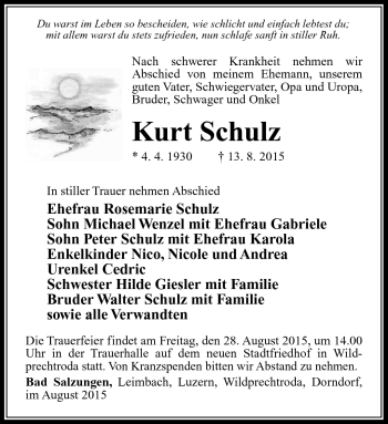Traueranzeige von Kurt Schulz von Südthüringer Presse
