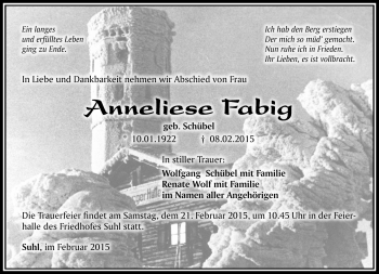 Traueranzeige von Anneliese Fabig von Südthüringer Presse