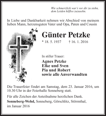 Traueranzeige von Günter Petzke von Südthüringer Presse