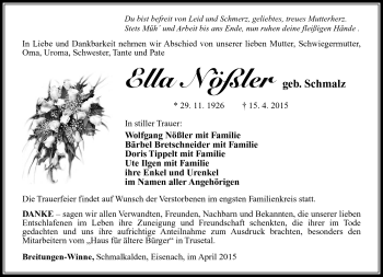 Traueranzeige von Ella Nößler von Südthüringer Presse