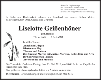 Traueranzeige von Liselotte Geißenhöhner von Südthüringer Presse