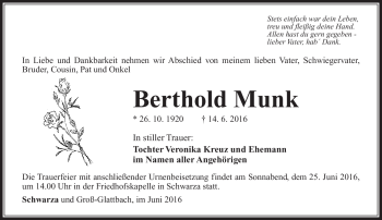 Traueranzeige von Berthold Munk von Südthüringer Presse