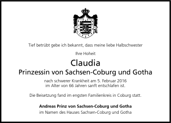 Traueranzeige von Claudia Prinzessin von Neue Presse Coburg