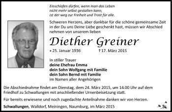 Traueranzeige von Diether Greiner von Südthüringer Presse