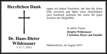 Traueranzeige von Dr. Hans-Dieter Wildenauer von Frankenpost