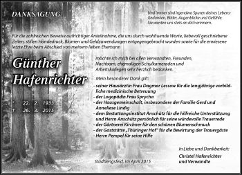 Traueranzeige von Günther Hafenrichter von Südthüringer Presse