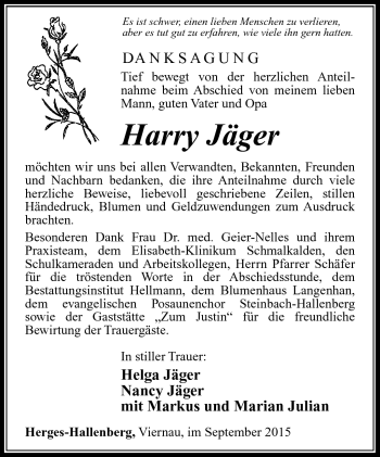 Traueranzeige von Harry Jäger von Südthüringer Presse