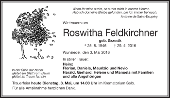 Traueranzeige von Roswith Feldkirchner von Frankenpost
