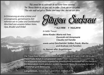 Traueranzeige von Jürgen Suckrau von Südthüringer Presse