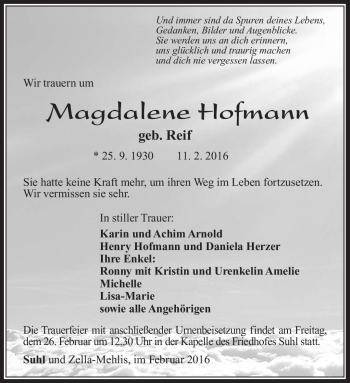 Traueranzeige von Magdalene Hofmann von Südthüringer Presse