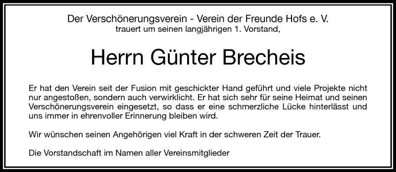  Traueranzeige für Günter Brecheis vom 12.06.2015 aus Frankenpost
