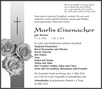 Traueranzeige von Marlis Eisenacher von Südthüringer Presse
