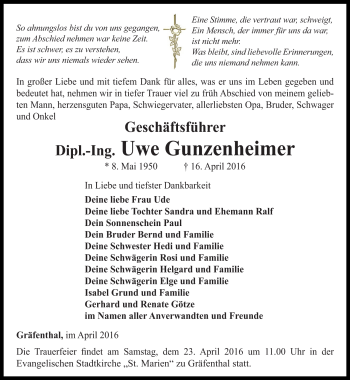 Traueranzeige von Uwe Gunzenheimer von Südthüringer Presse