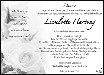 Traueranzeige von lieselotte hartung von Südthüringer Presse