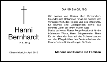 Traueranzeige von Hanni Bernhardt von Neue Presse Coburg