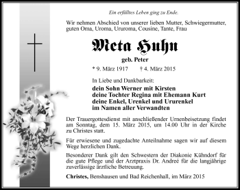 Traueranzeige von Meta Huhn von Südthüringer Presse