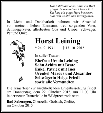 Traueranzeige von Horst Leining von Südthüringer Presse