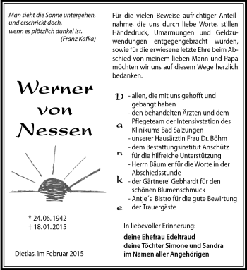 Traueranzeige von Werner von Nessen von Südthüringer Presse