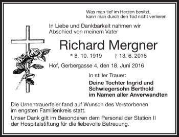 Traueranzeige von Richard Mergner von Frankenpost