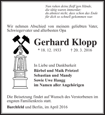 Traueranzeige von Gerhard Klopp von Südthüringer Presse