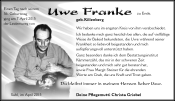 Traueranzeige von Uwe Franke von Südthüringer Presse