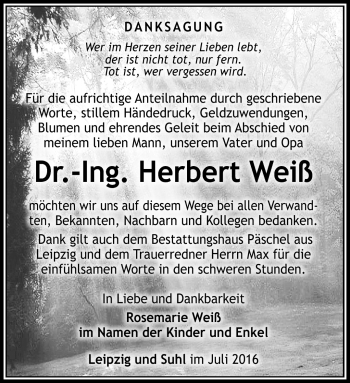Traueranzeige von Herbert Weiß von Südthüringer Presse