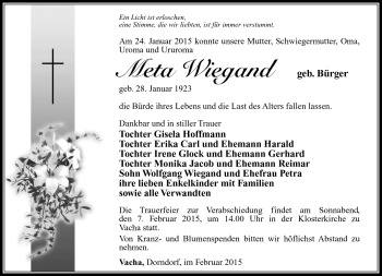 Traueranzeige von Meta Wiegand von Südthüringer Presse