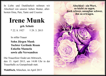 Traueranzeige von Irene Munk von Südthüringer Presse