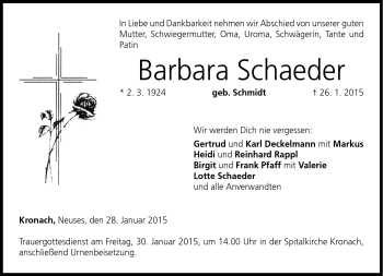 Traueranzeige von Barbara Schaeder von Neue Presse Coburg