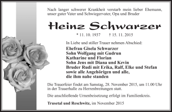Traueranzeige von Heinz Schwarzer von Südthüringer Presse