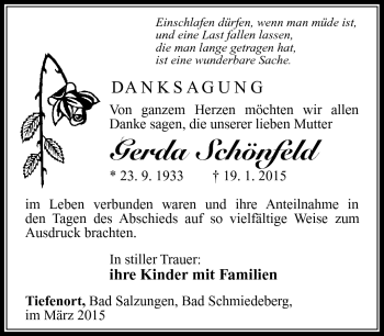 Traueranzeige von Gerda Schönfeld von Südthüringer Presse