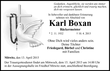 Traueranzeige von Karl Boxan von Neue Presse Coburg