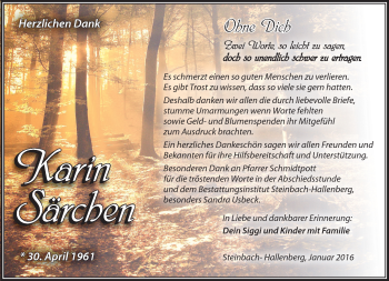 Traueranzeige von Karin Särchen von Südthüringer Presse