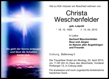 Traueranzeige von Christa Weschenfelder von Neue Presse Coburg