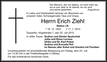 Traueranzeige von Erich Ziehl von Frankenpost
