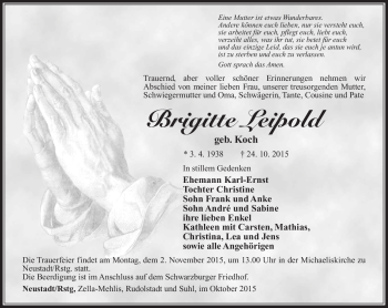 Traueranzeige von Brigitte Leipold von Südthüringer Presse