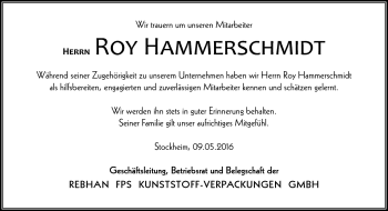 Traueranzeige von Roy Hammerschmidt von Neue Presse Coburg