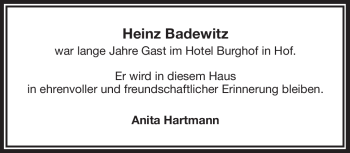 Traueranzeige von Heinz Badewitz von Frankenpost